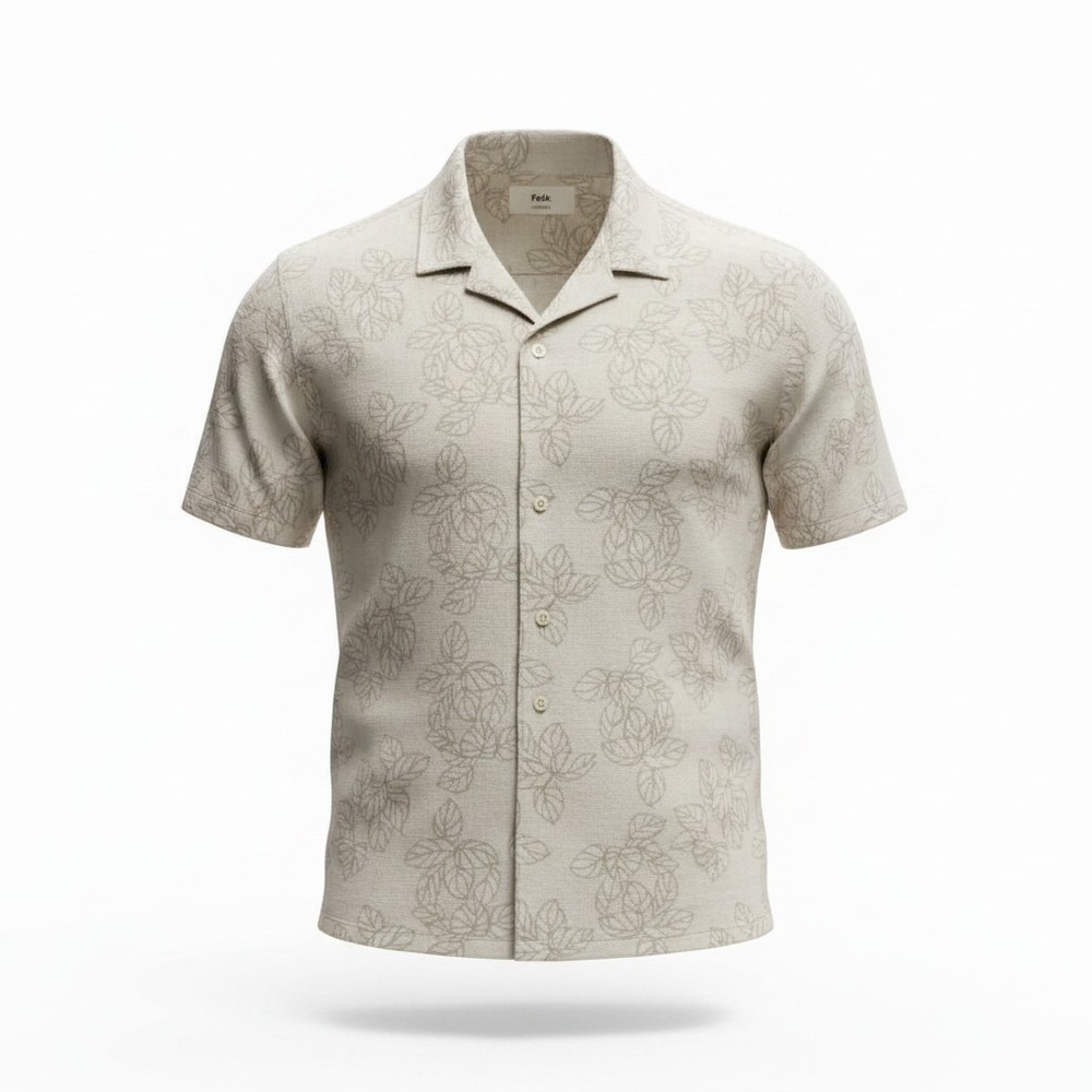 Folk Marco Embroidered Short Sleeve Shirt Mens XL Stone Linen Blend Leaf Spring